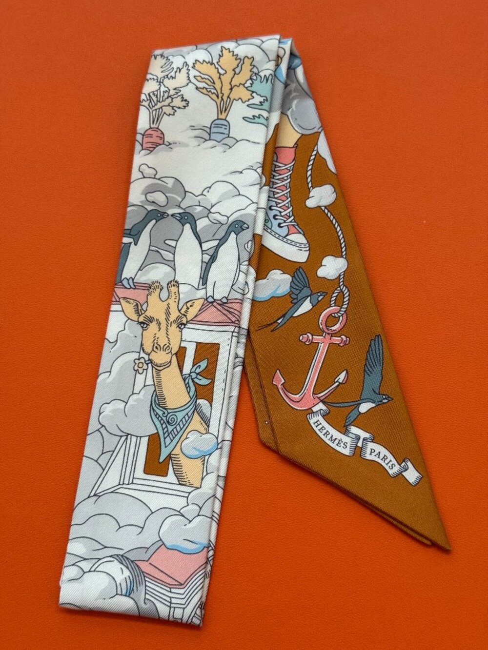 Hermes Twilly Sur Mon Nuage Caramel Silk Scarf - Picture 2 of 6